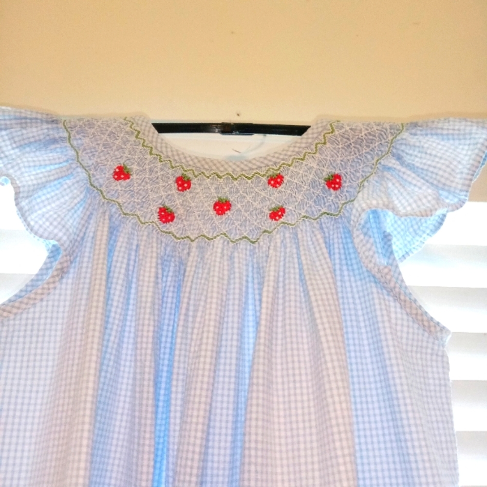 Little English, Butterfly Sleeve, Bishop Style Dress. Smocked, Seersucker, blue.